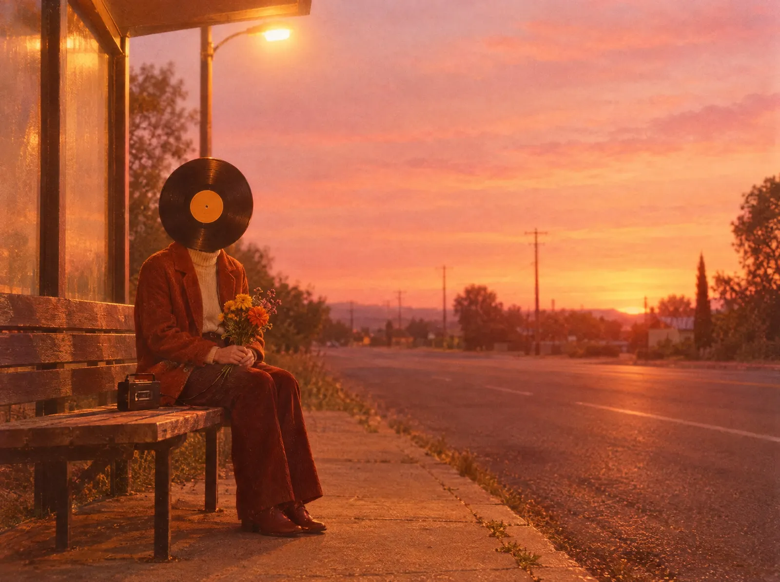 A Record Head waits alone on a bus-stop bench at dusk, holding a bunch of flowers, a tape player on the bench beside them.