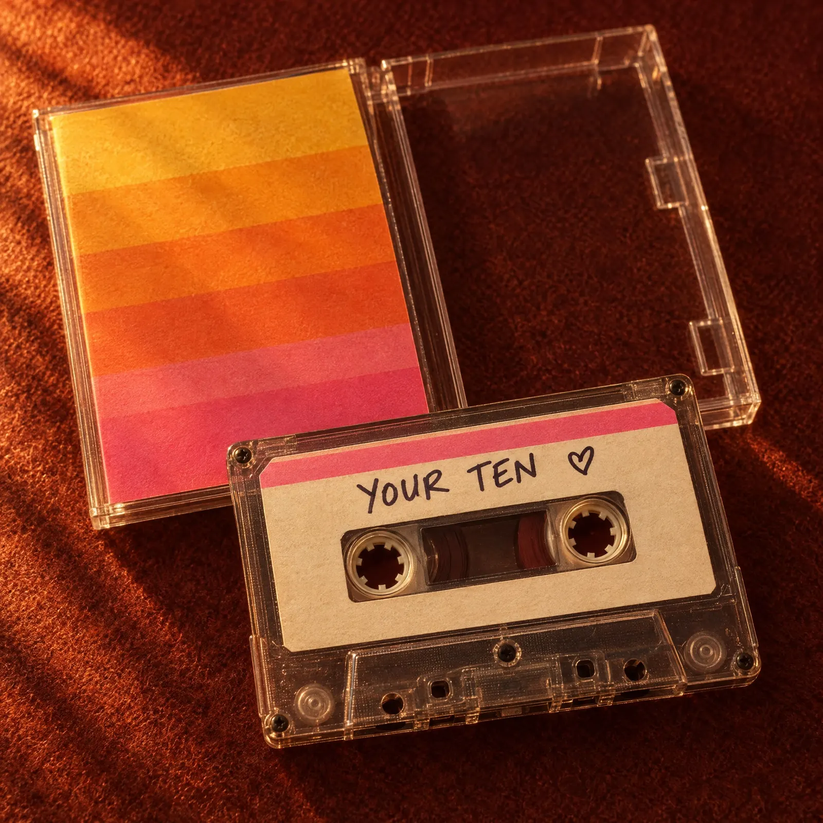A cassette hand-labelled “Your Ten” with a heart, beside its case and a sunset-striped J-card.