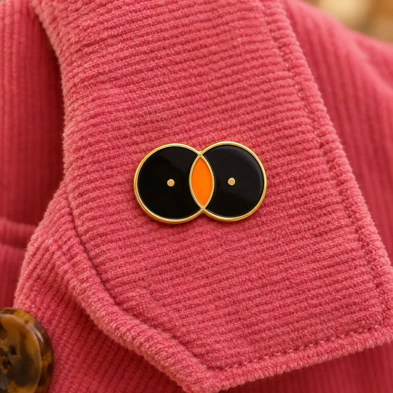 An enamel pin of the two-records mark, gold rims and a tangerine lens, on the collar of a pink corduroy jacket.
