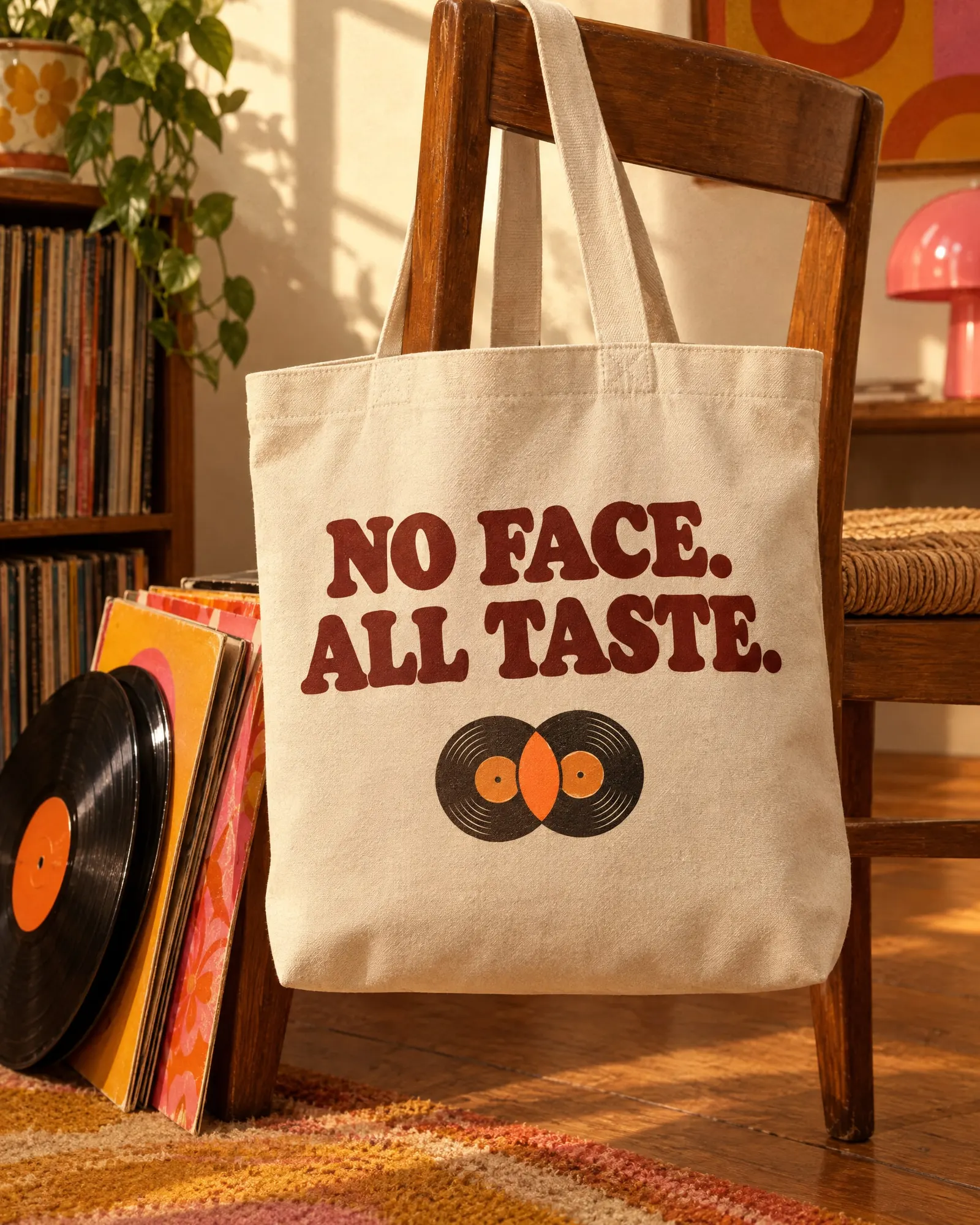 A cream canvas tote printed “No face. All taste.” with the two-records mark, hanging on a wooden chair beside a stack of records.