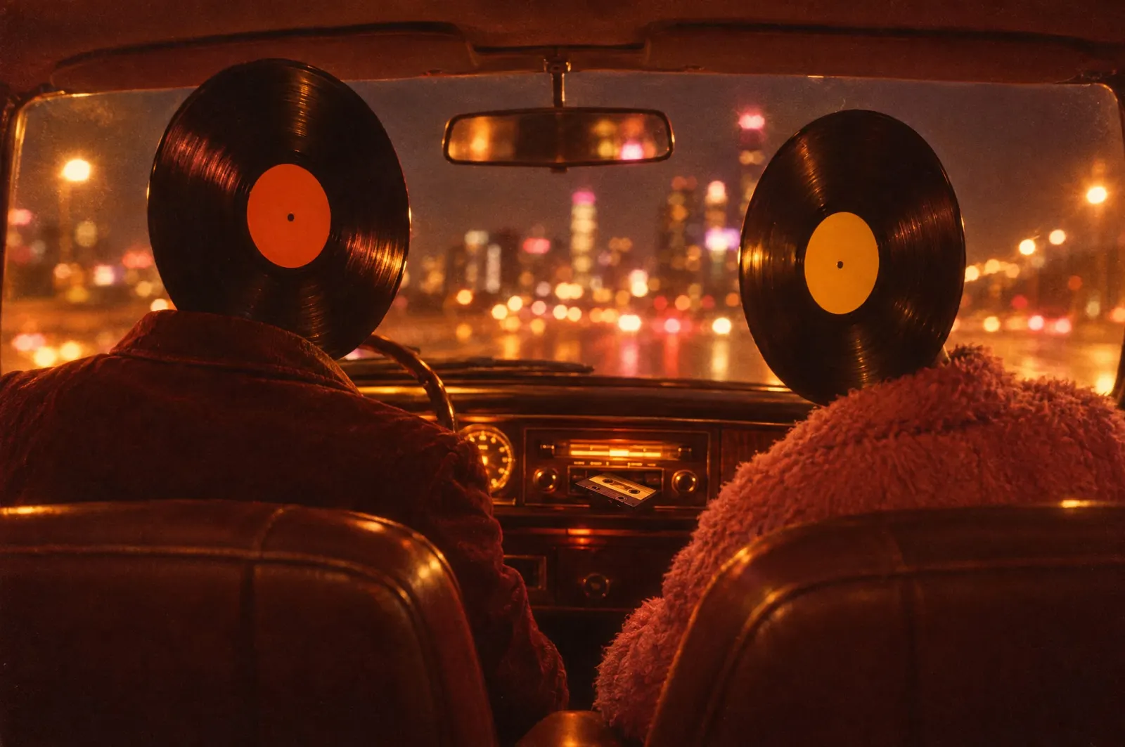 Two Record Heads in the front seats of a car at night, a cassette in the dash and the city lights blurred ahead.