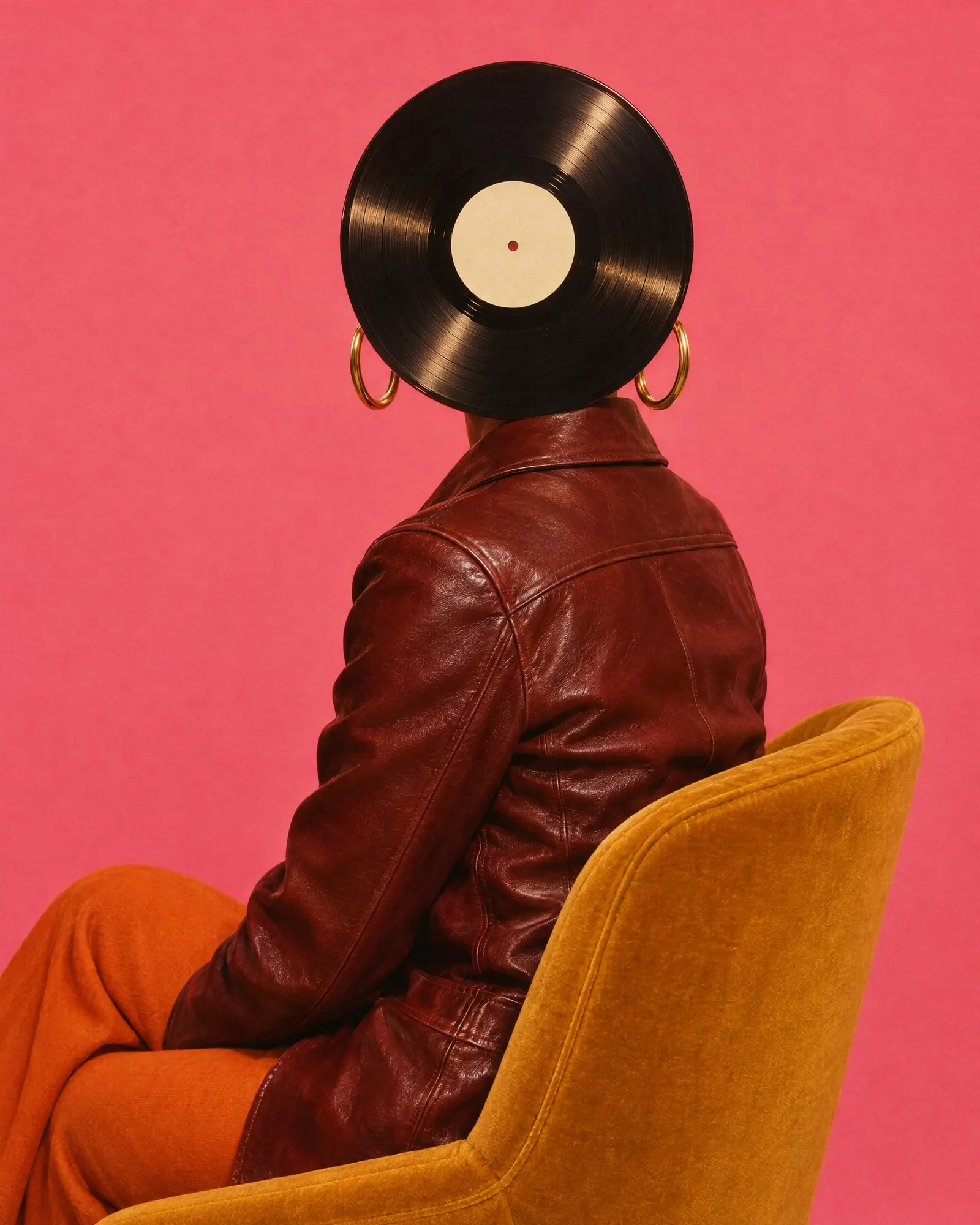 A Record Head in an oxblood leather jacket and gold hoops, seen from behind in a mustard velvet chair against a flamingo-pink backdrop.