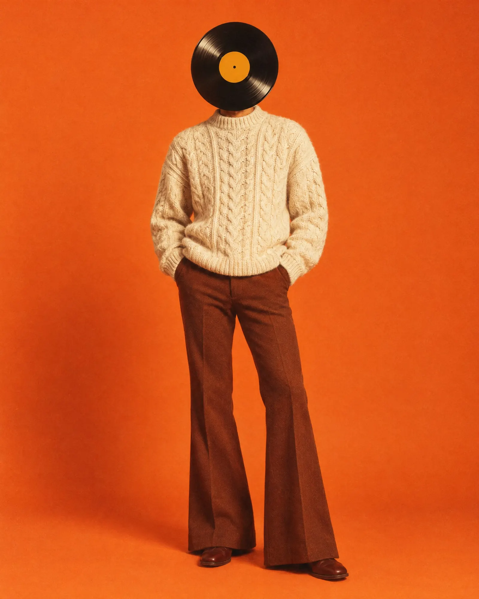 A Record Head in a cream cable-knit sweater and brown flares stands with hands in pockets against a tangerine backdrop.