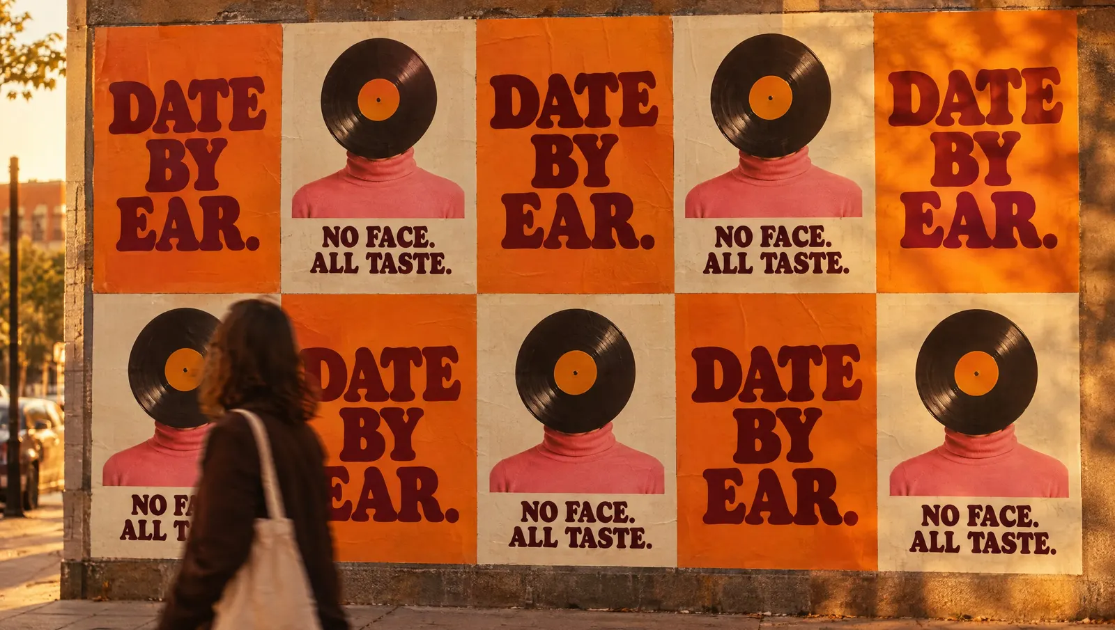 A wall of wheat-pasted posters alternating “Date by ear.” and “No face. All taste.”, with a passer-by walking past in the evening sun.