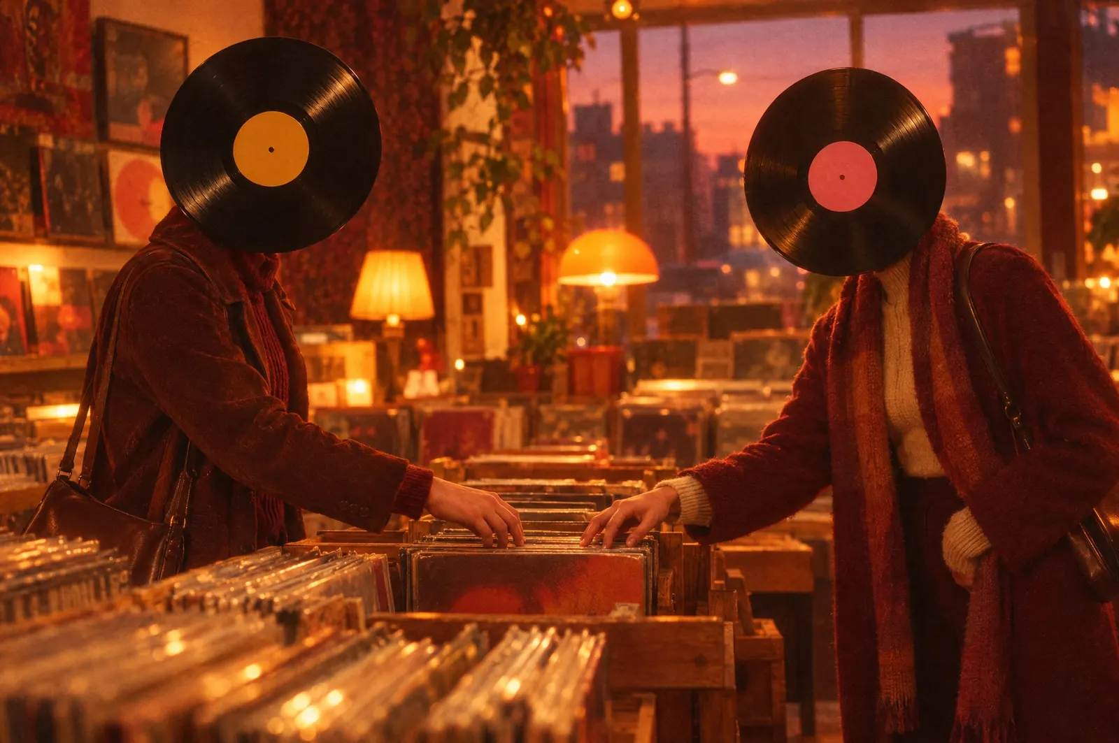 Two Record Heads in a record store at dusk reach for the same record in the crates, under warm amber lamps.